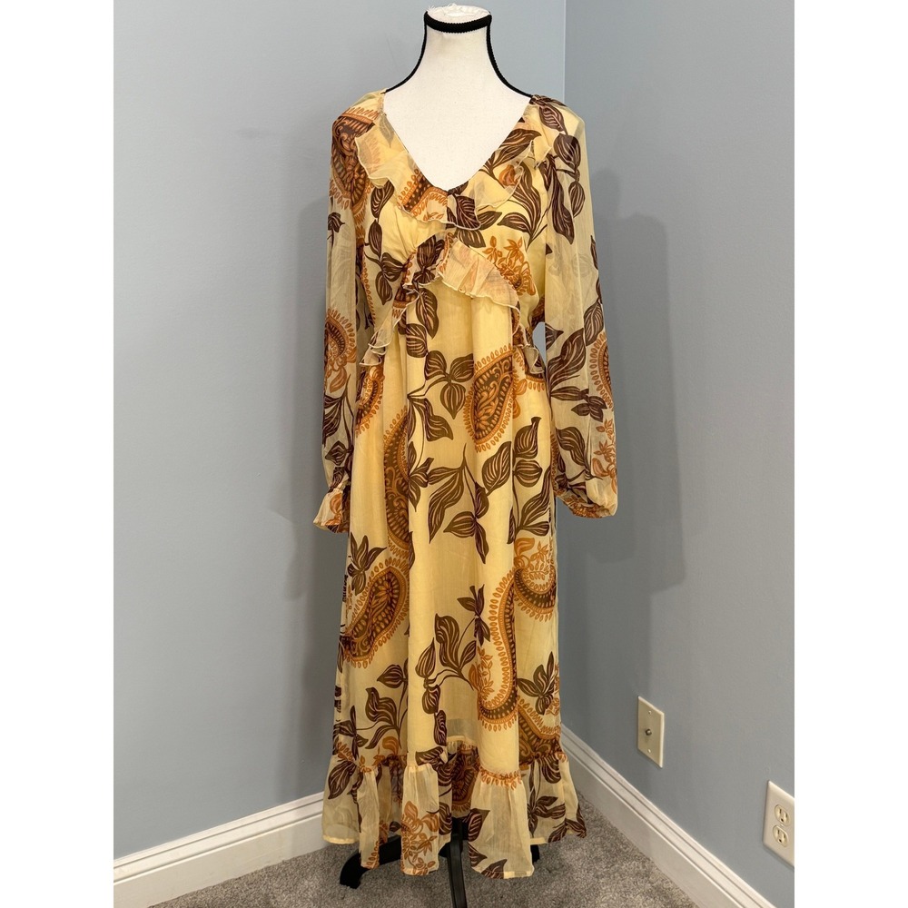 Patrons of Peace Yellow Paisley Floral Ruffle Maxi Dress Womens Large